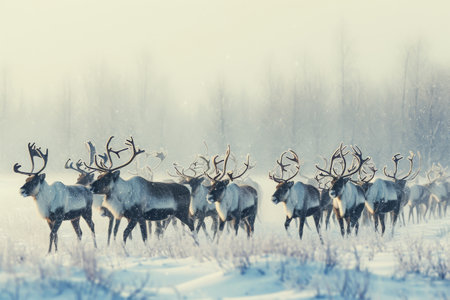 A large group of reindeer walking across a field covered in a layer of snow, A herd of reindeer in a shimmering, snowy field, AI Generatedの素材