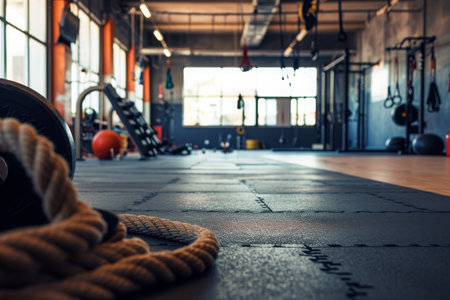 A gym with various ropes hanging from the ceiling and ropes scattered on the floor, providing equipment for strength and endurance training, A gym with an intense boot camp course, AI Generatedの素材