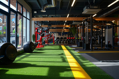 This photo captures a spacious gym with a row of various exercise equipment for fitness enthusiasts, A gym with an intense boot camp course, AI Generatedの素材