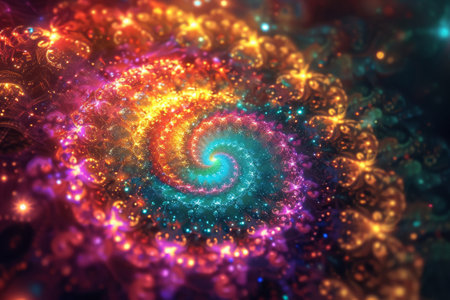 This image features a vibrant and intricate spiral design that captures the viewers attention, A hypnotic pattern of glowing fractals in vibrant colors, AI Generatedの素材