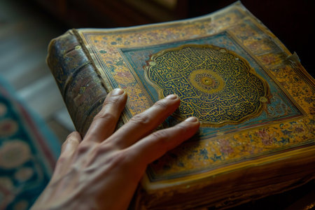 A person tightly holds a book in their hand, showcasing their engagement with the written content, A hand reaching out to touch the pages of a beautifully adorned Quran, AI Generatedの素材