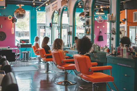 A diverse group of women sit in chairs, chatting and getting their hair styled at a bustling salon, A hair salon full of bright colors and busy hairdressers, AI Generatedの素材