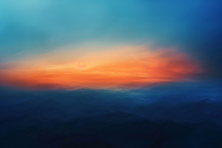 This photo depicts a painting featuring a vibrant sunset casting warm hues over a majestic mountain range, A harmonic gradient of sunset hues from deep orange to twilight blue, AI Generatedの素材