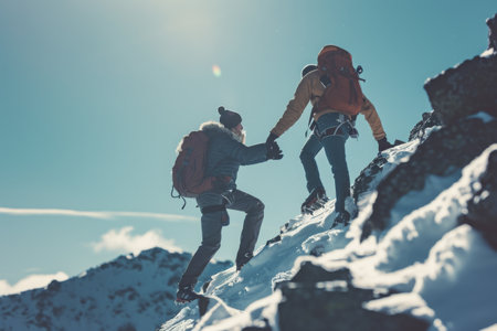 Adventurous Couple Climbing a Snow-Covered Mountain, A hiker displaying solidarity, assisting a friend up a snowy peak, AI Generatedの素材