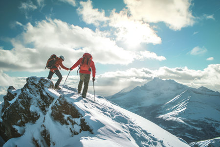 Couple Standing on Top of Snow Covered Mountain, A hiker displaying solidarity, assisting a friend up a snowy peak, AI Generatedの素材