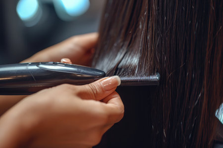 A close-up photo capturing a person actively cutting another persons hair, A hairdresser's hands skillfully using a straightener on long hair, AI Generatedの素材