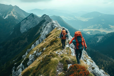 Two individuals actively making their way up the steep terrain of a mountain during a hike, A hiker pulling their friend up a steep mountain slope, AI Generatedの素材