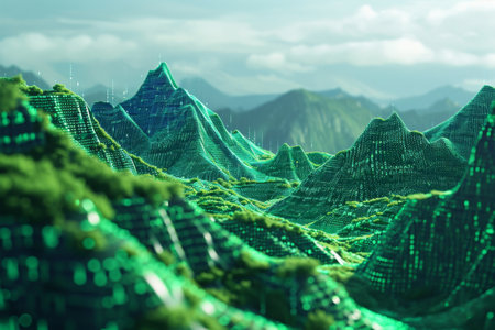 This computer-generated image showcases the grandeur of a mountain range with its towering peaks and rugged landscape, A landscape filled with mountains made of 1's and 0's, AI Generatedの素材