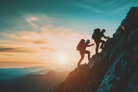 A team of climbers ascending the steep slopes of a mountain, navigating their way up while conquering the challenging terrain, A hiker boosting their friend to conquer the mountain, AI Generatedの素材
