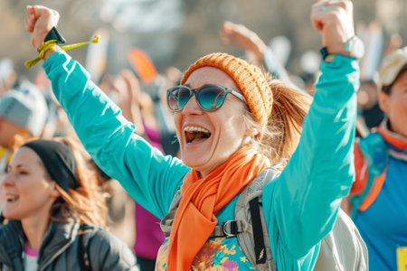 A woman joyfully expressing her excitement by raising her arms in the air, A joyful celebration at the finish line of a marathon race, AI Generatedの素材