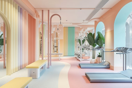 This photo shows a spacious room filled with a variety of differently colored benches for seating, A ladies-only gym with pastel colors and soft decor, AI Generatedの素材