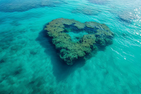 A heart-shaped object floats gracefully on top of a body of water, creating a striking visual contrast, A heart-shaped reef in crystal clear tropical waters, AI Generatedの素材