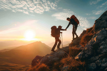 A couple of individuals stand triumphantly on the peak of a mountain, taking in the breathtaking view, A hiker boosting their friend to conquer the mountain, AI Generatedの素材