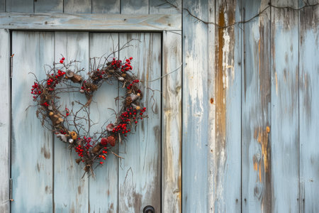 A heart shaped wreath hangs on a weathered wooden door, adding charm and warmth to the entrance, A heart-shaped wreath on a rustic farmhouse door, AI Generatedの素材