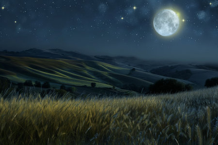 This photo captures a painting of a spacious field illuminated by a bright full moon, A hilly landscape under a clear, moonlit night, AI Generatedの素材