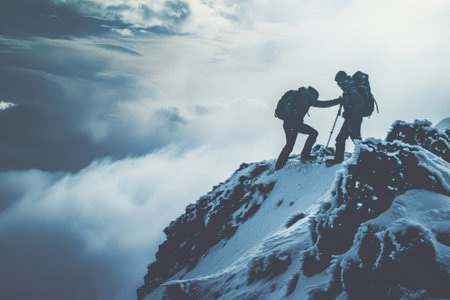 Two individuals standing on a mountain covered in snow, with a scenic view of the surrounding landscape, A hiker displaying solidarity, assisting a friend up a snowy peak, AI Generatedの素材