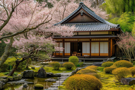 Traditional Japanese-Style House Surrounded by Trees and Rocks, A Japanese tea house during cherry blossom season, AI Generatedの素材