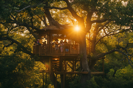 Group of People Standing on Top of a Tree House, A lively treehouse filled with children watching the sunset, surrounded by lush green trees, AI Generatedの素材