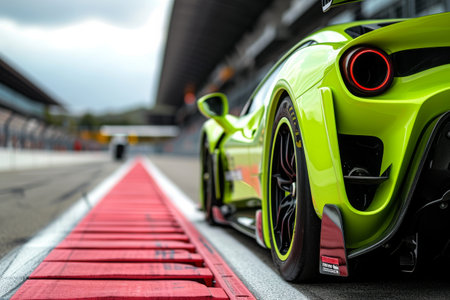 A green sports car races down the track surrounded by spectators and other cars in high-speed action, A lime green sports car standing on the racing track, AI Generatedの素材