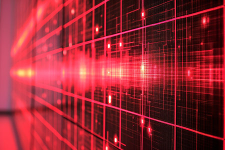 A photo of a red and black wall with squares on it, creating a visually striking geometric pattern, A linear geometric interpretation of digital signals, AI Generatedの素材