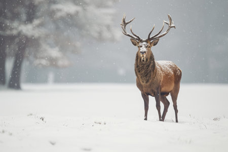 A deer stands in a snowy field surrounded by trees, showcasing the wintry landscape, A lone stag standing in a snow-covered glade, AI Generatedの素材