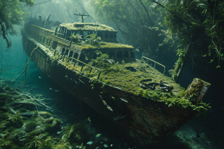 A boat is peacefully floating amidst the calm waters, creating a serene scene, A lost shipwreck, overgrown with sea life, serves as a new oceanic habitat, AI Generatedの素材