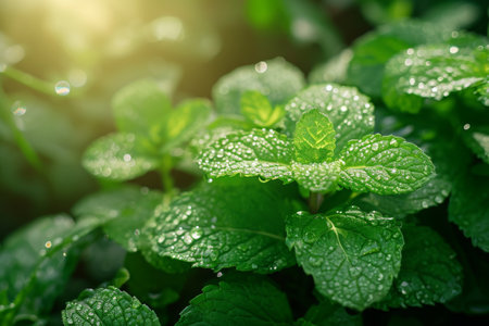 Close Up of Plant With Water Droplets, A lush field of mint leaves shimmering with morning dew, AI Generatedの素材