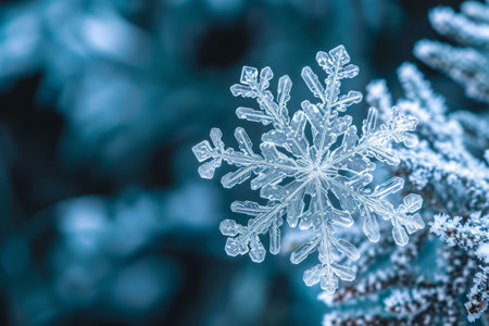 A detailed image capturing a snowflake resting on the branches of a tree, A macro-photograph focused on a snowflake pattern, AI Generatedの素材