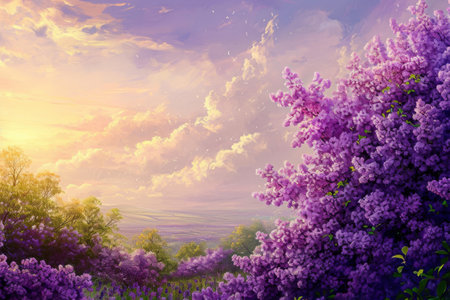 This photo captures a painting of purple flowers blooming in a vibrant field, A lush lilac field on a sunny afternoon, AI Generatedの素材