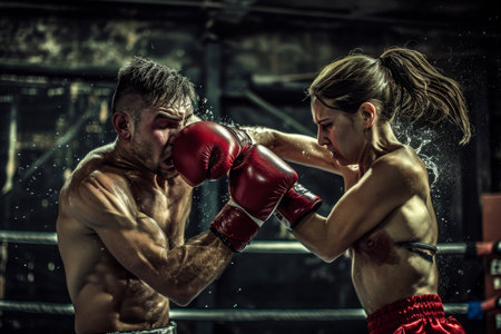 A man and woman engage in a boxing match in a professional boxing ring, demonstrating their skills and determination, A man and a woman in a competitive boxing match, AI Generatedの素材