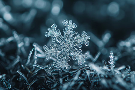 A detailed, close-up view of a single snowflake resting on the ground, showcasing its intricate structure and delicate beauty, A macro-photograph focused on a snowflake pattern, AI Generatedの素材