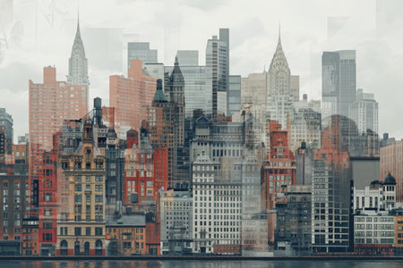 A bustling city filled with tall buildings and an energetic atmosphere, A mashup of different eras of architecture in a city skyline, AI Generatedの素材