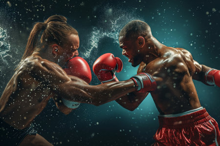 A photo of a couple of people enjoying themselves as they swim in the water, A man and a woman in a competitive boxing match, AI Generatedの素材