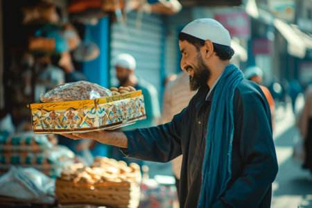 A man stands on a street, holding a tray filled with food, A man distributing charity during Ramadan, AI Generatedの素材