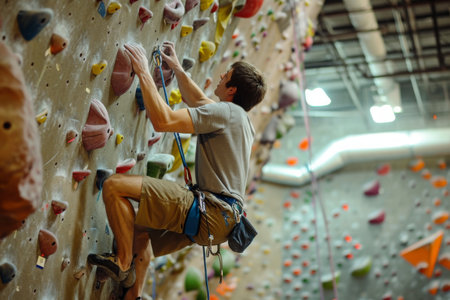 A man is seen scaling the vertical surface of a rock wall with determination and skill, A man reaching the top of a rock-climbing wall in an indoor gym, AI Generatedの素材