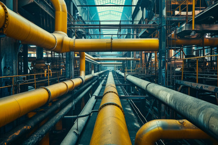 An image of a large industrial pipe line consisting of yellow pipes, A maze of pipes in a busy factory setting, AI Generatedの素材