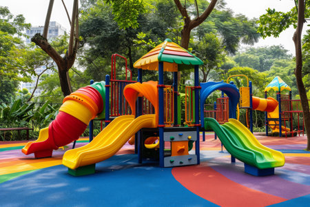 The photo depicts a vibrant play area for children in a park, featuring various play structures and equipment, A merry playground with rainbow-colored play equipment, AI Generatedの素材