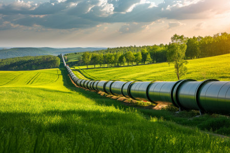 A pipeline stretches across a lush green field, transporting resources through the landscape, A massive industrial pipeline juxtaposed with a serene meadow, AI Generatedの素材