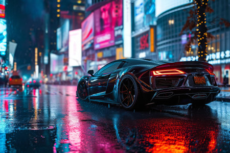 Futuristic Car Driving Down a City Street at Night, A matte black sports car on a shimmering city street at night, AI Generatedの素材