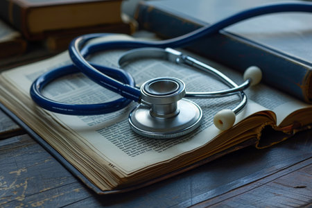 A stethoscope is placed on top of a book, creating a connection between medicine and knowledge, A medical still life of a stethoscope arranged on a medical journal, AI Generatedの素材