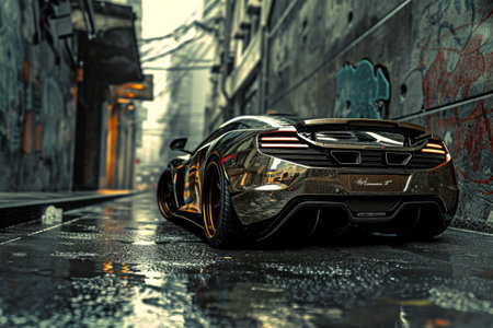 A car is parked on the side of a street, creating a scene of urban transportation and parking, A metallic sports car in a gritty urban setting, AI Generatedの素材