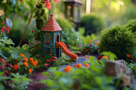 A toy house in a garden with a slide, providing fun and entertainment for children, A miniature playground hidden in a secret garden, AI Generatedの素材