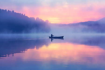 A person is seen in a boat navigating across a calm lake as the sun sets in the background, casting a warm glow on the surroundings, A misty dawn on a quiet lake with a lone fisherman, AI Generatedの素材