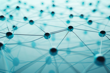 This close-up photo captures a network of interconnected blue balls, forming an intricate pattern in a technology installation, A minimalist, geometric depiction of network protocols, AI Generatedの素材