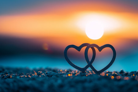 Two Hearts Resting on Sandy Beach, A minimalist, abstract image of two intertwined hearts against a sunset skyline, AI Generatedの素材