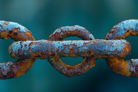 A photo featuring a rusted metal chain set against a vibrant green background, A micro shot of an old rusted chain, AI Generatedの素材