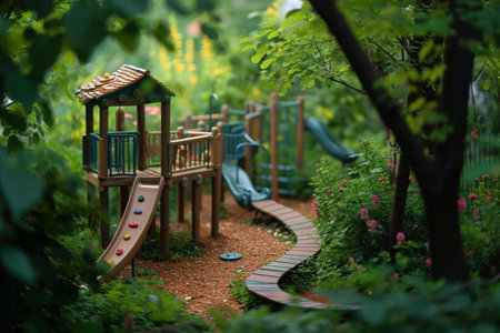 A wooden playground featuring a slide and climbing frame, providing active play opportunities for children, A miniature playground hidden in a secret garden, AI Generatedの素材