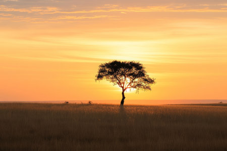 A single tree stands tall in the center of a vast open field, surrounded by green grass and blue sky, A minimal sunset in an African savanna, AI Generatedの素材