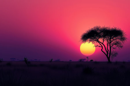The sun is seen setting behind a tree in an open field, casting long shadows on the ground, A minimal sunset in an African savanna, AI Generatedの素材