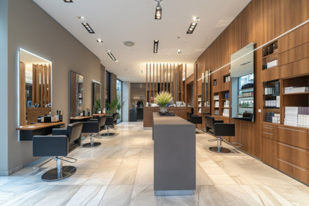 This photo features a hair salon with a spacious layout, showcasing a multitude of chairs and vibrant overhead lights, A modern and chic hair salon filled with sleek supplies and tools, AI Generatedの素材